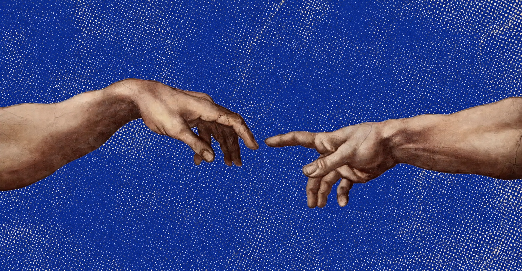 Two painted hands reaching toward each other over a halftone-dithered ultramarine field